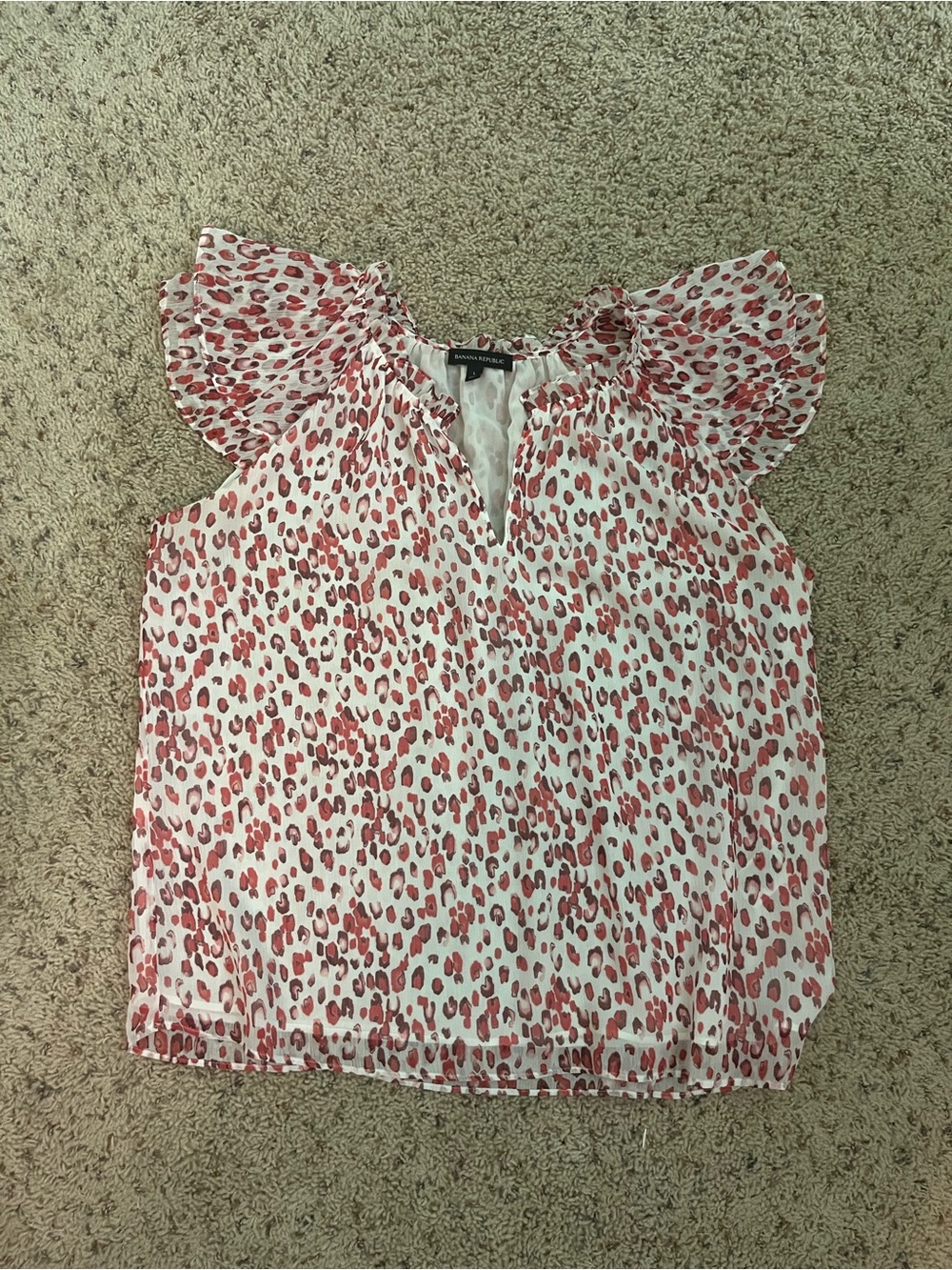 Banana Republic White Cream Blouse with Pink Leopard Print and Flutter Sleeves